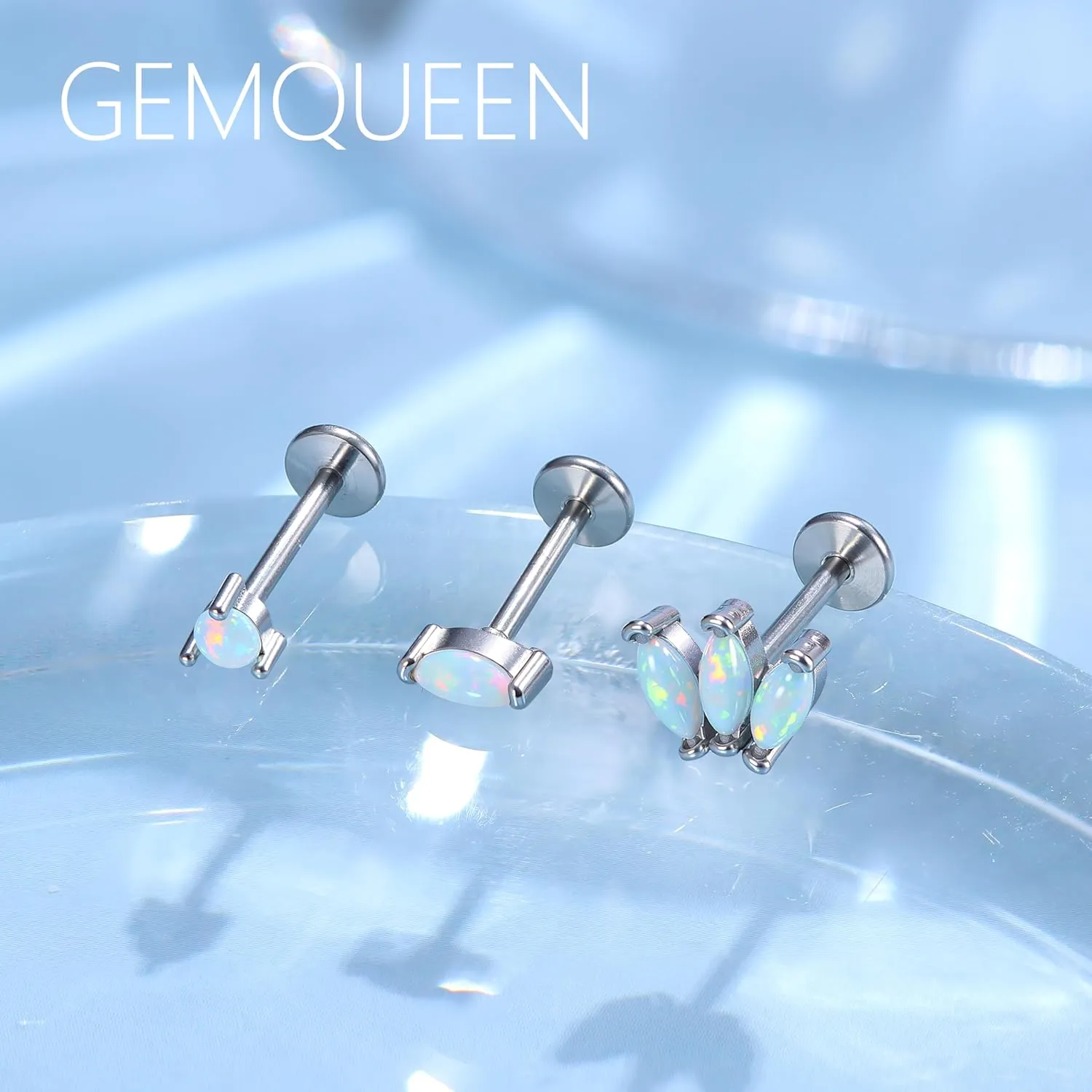 G23 Implant Grade Titanium Flat Back Earrings Studs: 14K Gold Hypoallergenic 3 Pcs 18G Internally Threaded Tragus Cartilage Helix Piercing Jewelry Opal Earring for Sensitive Ears Women Men