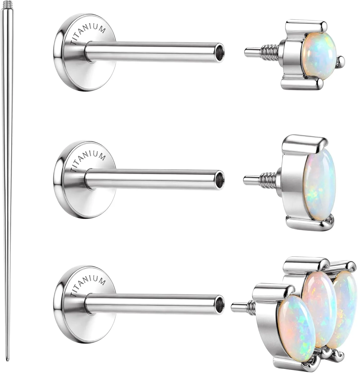 G23 Implant Grade Titanium Flat Back Earrings Studs: 14K Gold Hypoallergenic 3 Pcs 18G Internally Threaded Tragus Cartilage Helix Piercing Jewelry Opal Earring for Sensitive Ears Women Men