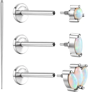 G23 Implant Grade Titanium Flat Back Earrings Studs: 14K Gold Hypoallergenic 3 Pcs 18G Internally Threaded Tragus Cartilage Helix Piercing Jewelry Opal Earring for Sensitive Ears Women Men
