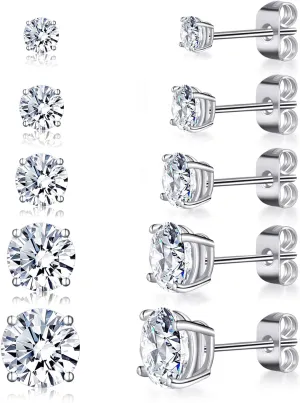 Gemsme Princess Cut Cubic Zirconia Stud Earrings for Women/Men - 5 Pairs 18K Gold Plated Hypoallergenic 3-7mm Round Clear CZ Earring Set - White Gold