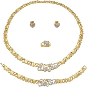 Giffor Collection 14K Gold Filled LOVE Necklaces Jewelry Set For Bridesmaid Wedding Jewelry Women Earrings Bracelet Rings Gifts 4PCS/Pack