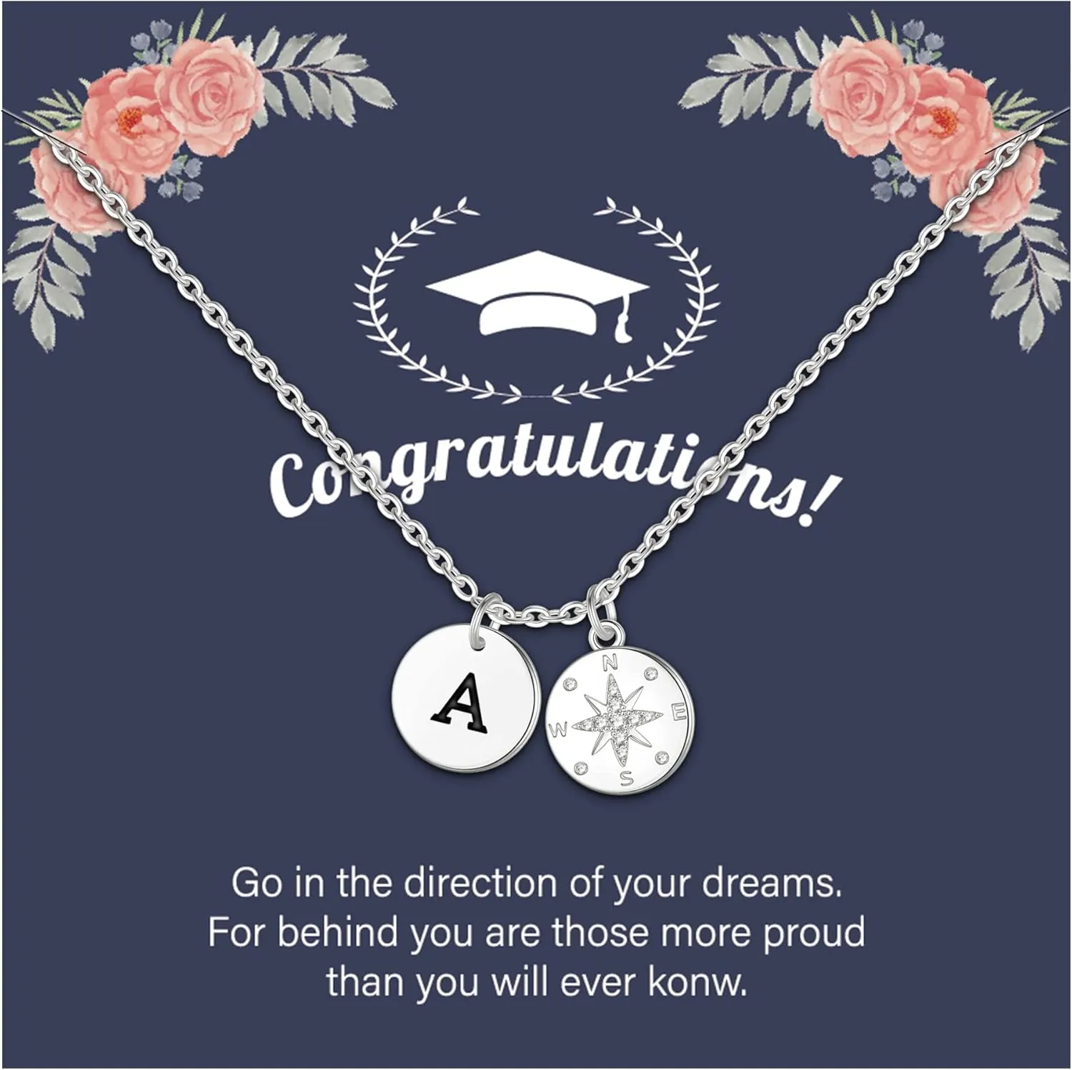 GLIVEOR Graduation Gifts for Her, Sterling Silver Over Compass Necklace Graduation Gifts Graduation Initial Necklace College High School Senior Graduation Gifts for Her