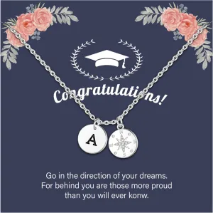 GLIVEOR Graduation Gifts for Her, Sterling Silver Over Compass Necklace Graduation Gifts Graduation Initial Necklace College High School Senior Graduation Gifts for Her