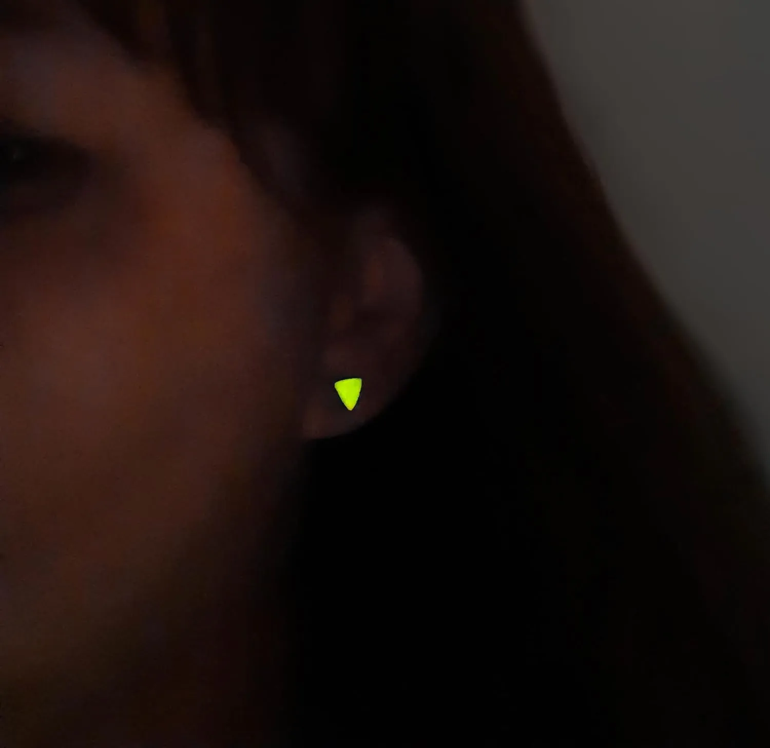 Glow in the Dark 8 mm. Triangle Stainless Steel Stud Earrings for Women, Teens and Girls, Hypoallergenic Post Earrings, Elesea Jewelry - Handmade in Italy (Yellow)