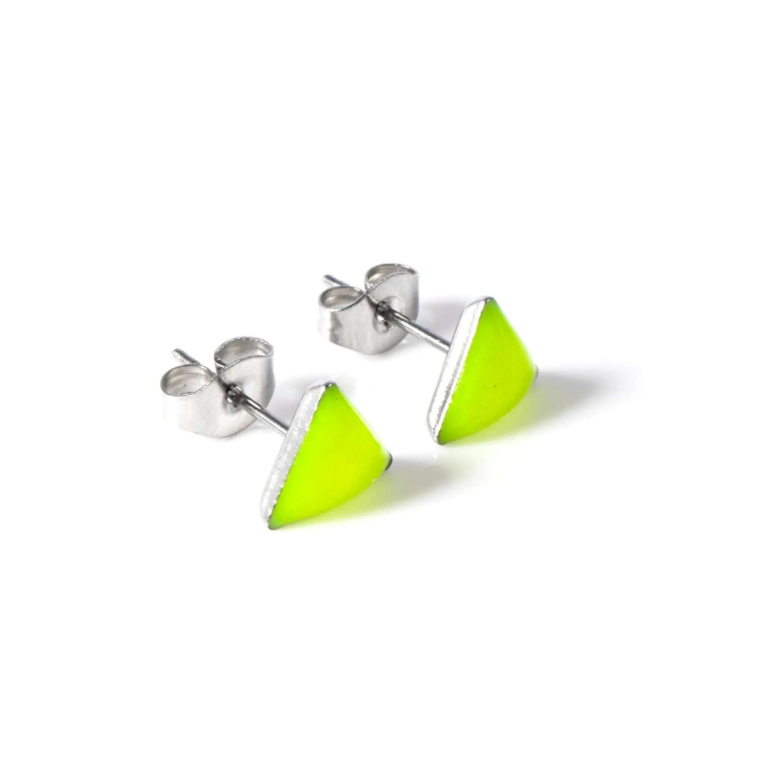 Glow in the Dark 8 mm. Triangle Stainless Steel Stud Earrings for Women, Teens and Girls, Hypoallergenic Post Earrings, Elesea Jewelry - Handmade in Italy (Yellow)