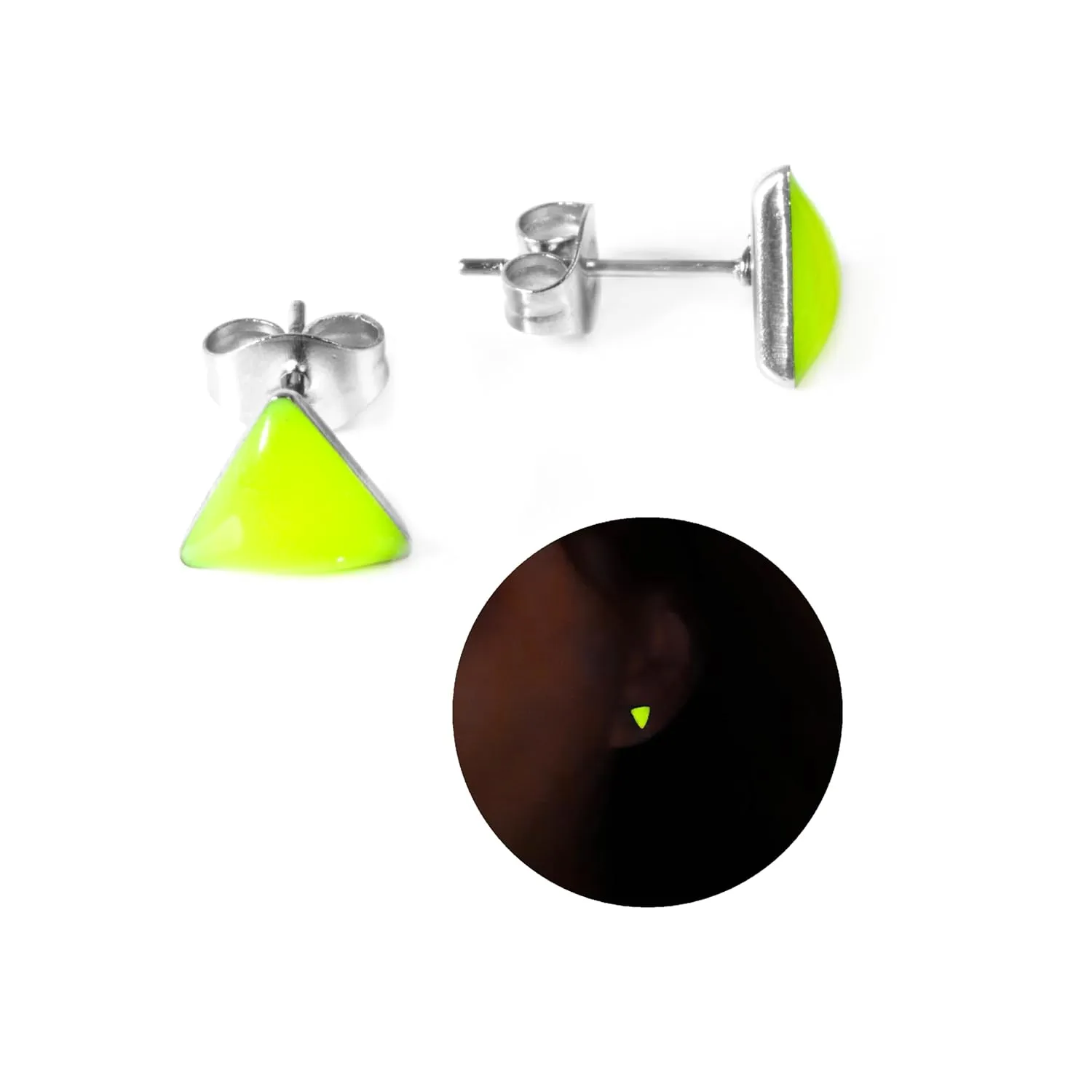 Glow in the Dark 8 mm. Triangle Stainless Steel Stud Earrings for Women, Teens and Girls, Hypoallergenic Post Earrings, Elesea Jewelry - Handmade in Italy (Yellow)