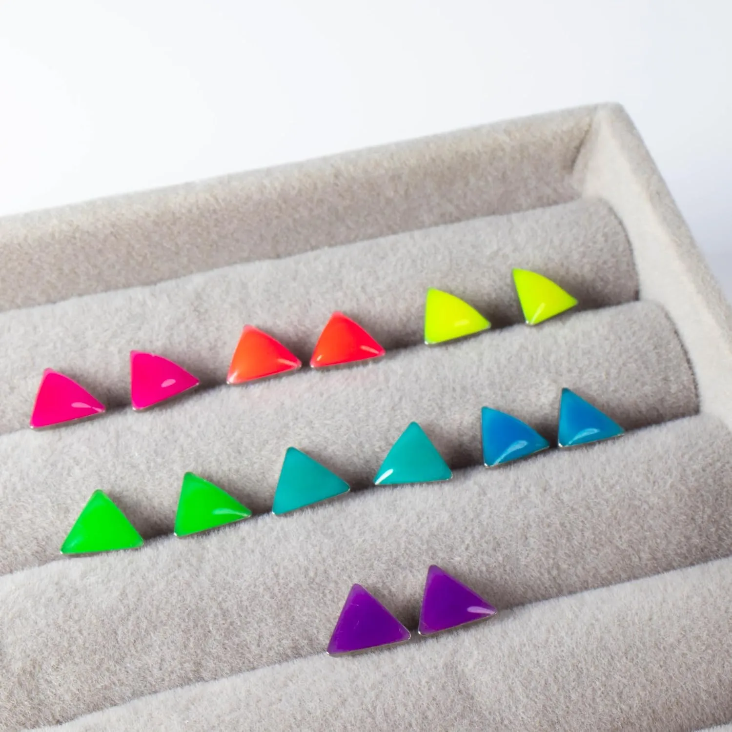 Glow in the Dark 8 mm. Triangle Stainless Steel Stud Earrings for Women, Teens and Girls, Hypoallergenic Post Earrings, Elesea Jewelry - Handmade in Italy (Yellow)