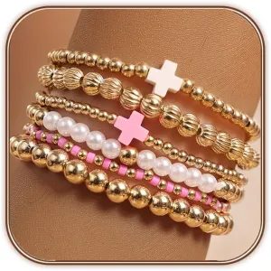 Gold Beaded Bracelets for Women Stack Beads Bracelet Sets Trendy Cross Pearl Jewelry Set 6 PCS Stackable Two Tone Non Tranish Strech Jewelry Gift for Birthday,Baptism