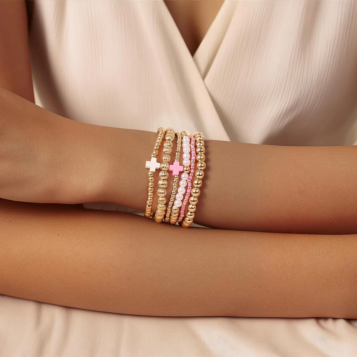 Gold Beaded Bracelets for Women Stack Beads Bracelet Sets Trendy Cross Pearl Jewelry Set 6 PCS Stackable Two Tone Non Tranish Strech Jewelry Gift for Birthday,Baptism