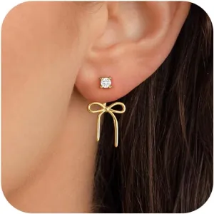 Gold Bow Earrings for Women, Dainty Rhinestone Stud, Cute Pearl Earring Jackets, Hypoallergenic Earrings for Sensitive Ears