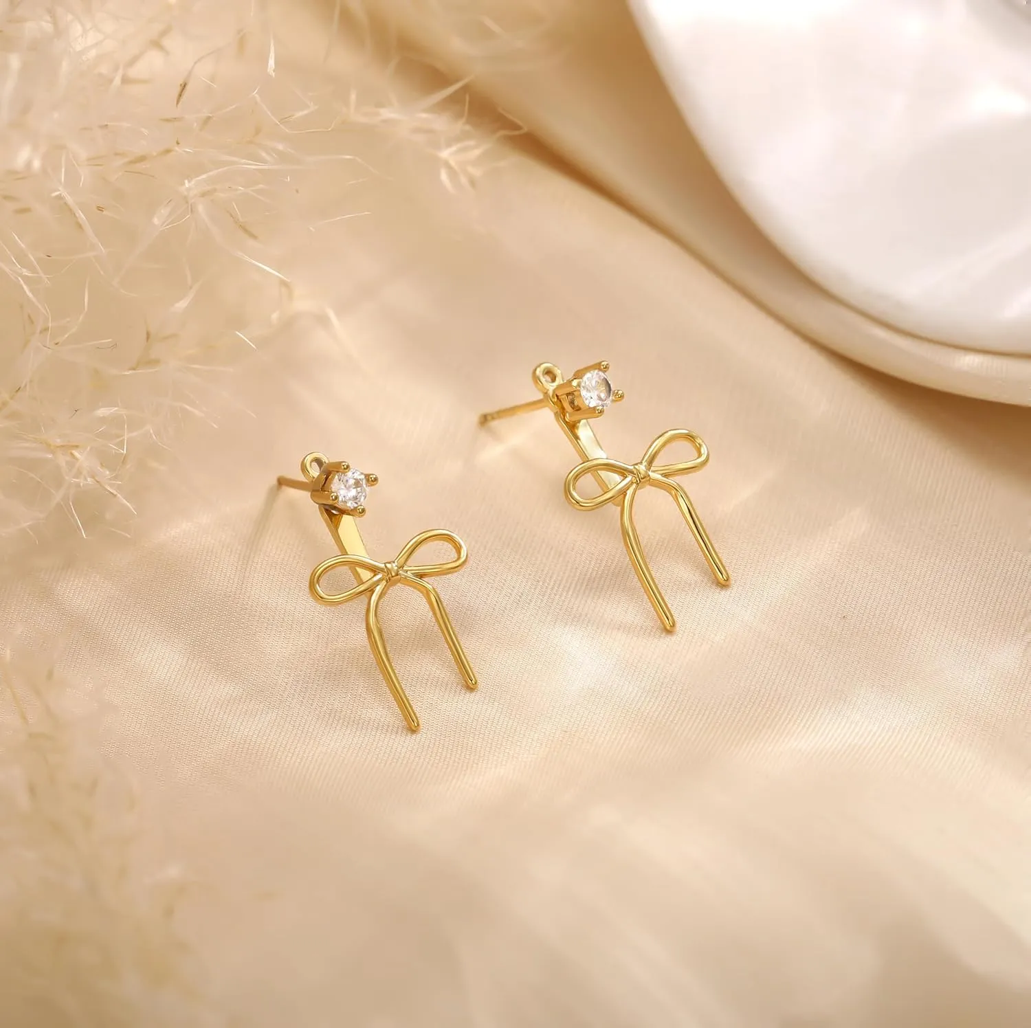 Gold Bow Earrings for Women, Dainty Rhinestone Stud, Cute Pearl Earring Jackets, Hypoallergenic Earrings for Sensitive Ears