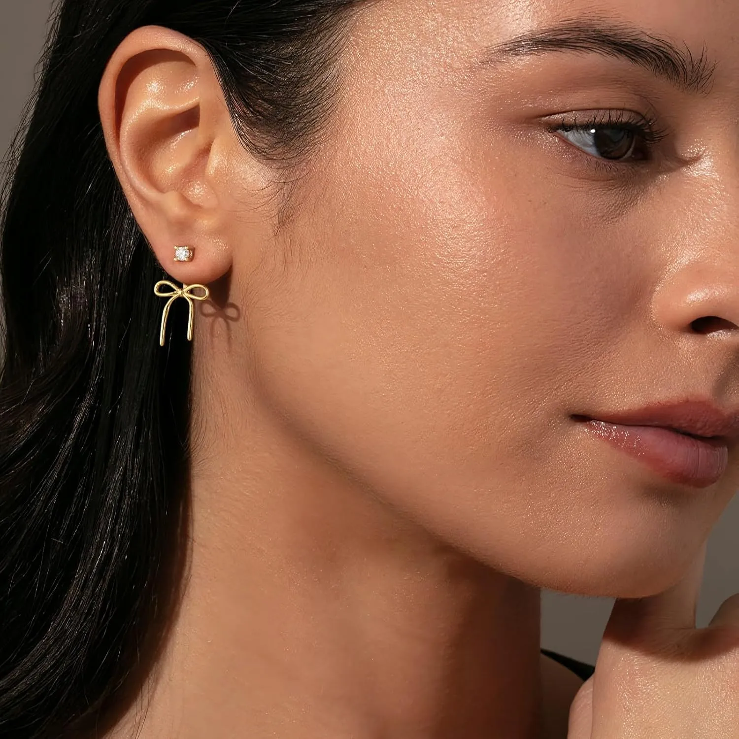 Gold Bow Earrings for Women, Dainty Rhinestone Stud, Cute Pearl Earring Jackets, Hypoallergenic Earrings for Sensitive Ears