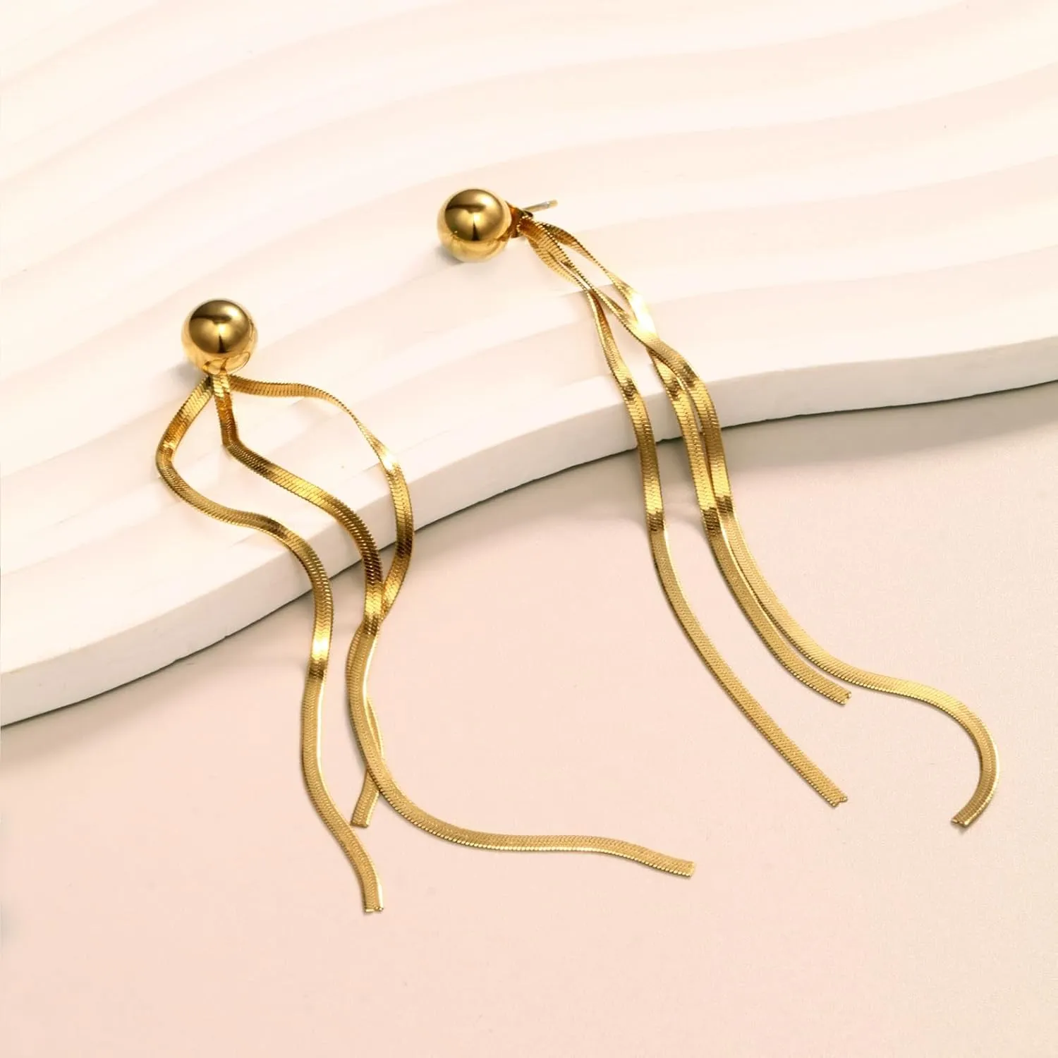 Gold Chain Dangle Earrings for Women 18K Gold Fringe Bead Snake Chain Tassel Dangle Drop Earrings for Wedding Bridesmaid Party Proms