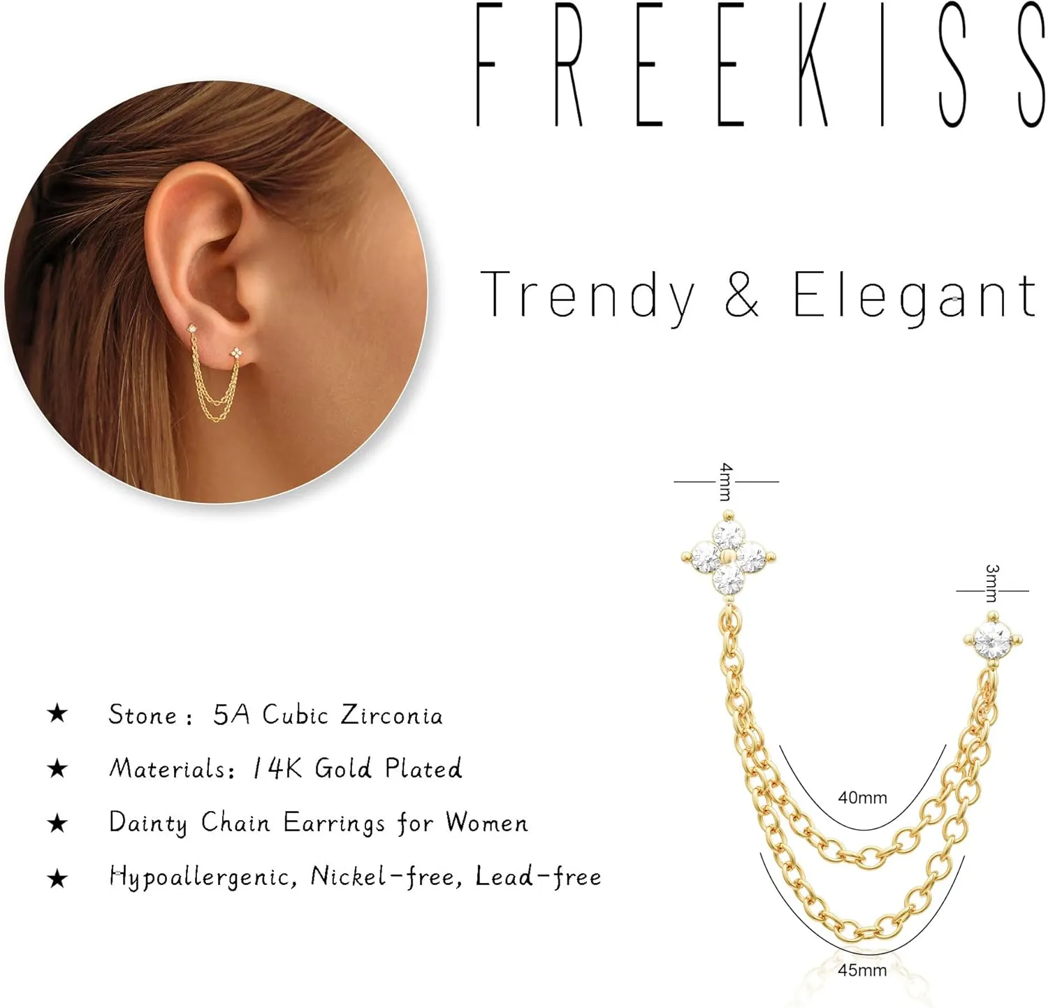 Gold Chain Studs Earrings for Women Trendy: Hypoallergenic 14K Gold Plated Dangle Earrings Dainty Small Long Chain Earring Set Fashion Gold Jewelry for Women