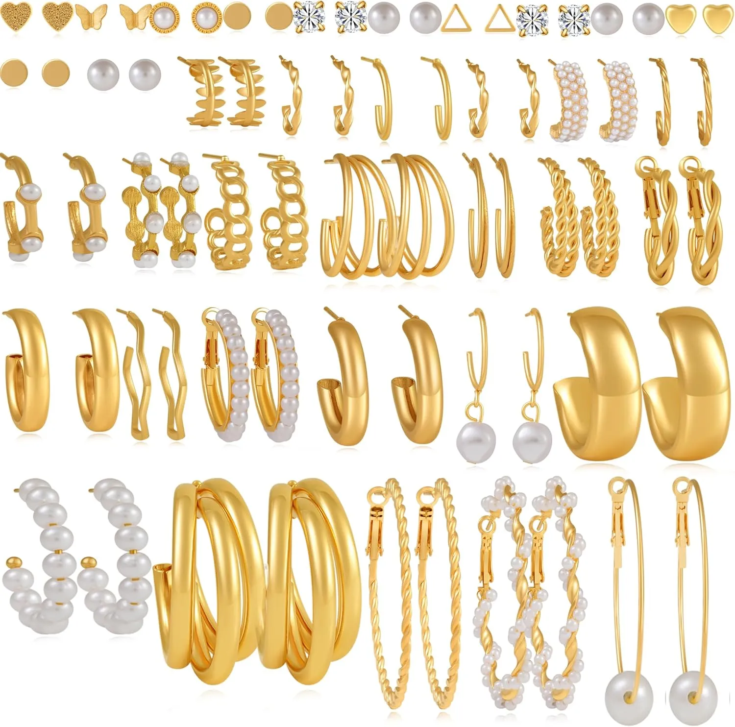 Gold Crystal Chunky Hoop Earrings - Sparkly Rhinestone Teardrop Design with 925 Sterling Silver Posts - Trendy Jewelry for Women, Perfect for Special Occasions (36pc)