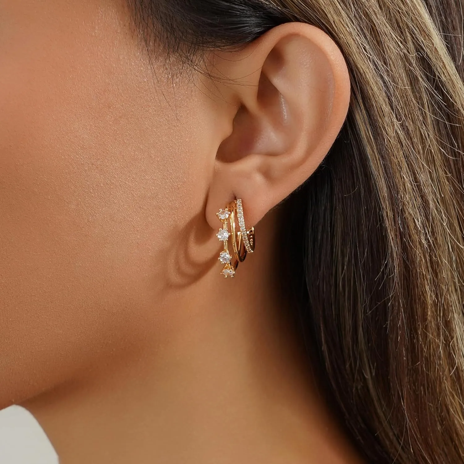 Gold Earrings for Women Trendy Doule Gold Hoops Earing Dainty Cubic Zirconia Triple Studs Lightweight Jewelry Gift