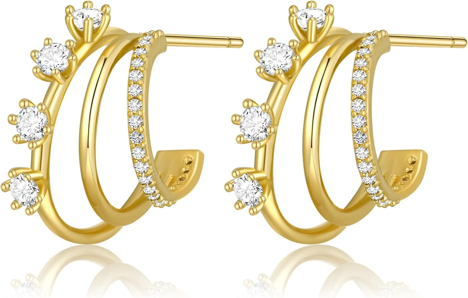 Gold Earrings for Women Trendy Doule Gold Hoops Earing Dainty Cubic Zirconia Triple Studs Lightweight Jewelry Gift