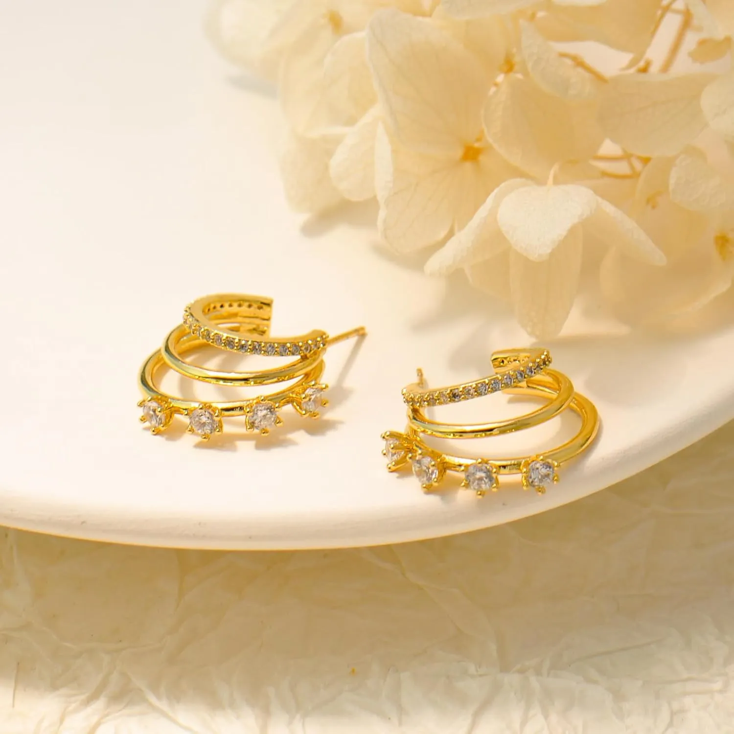 Gold Earrings for Women Trendy Doule Gold Hoops Earing Dainty Cubic Zirconia Triple Studs Lightweight Jewelry Gift