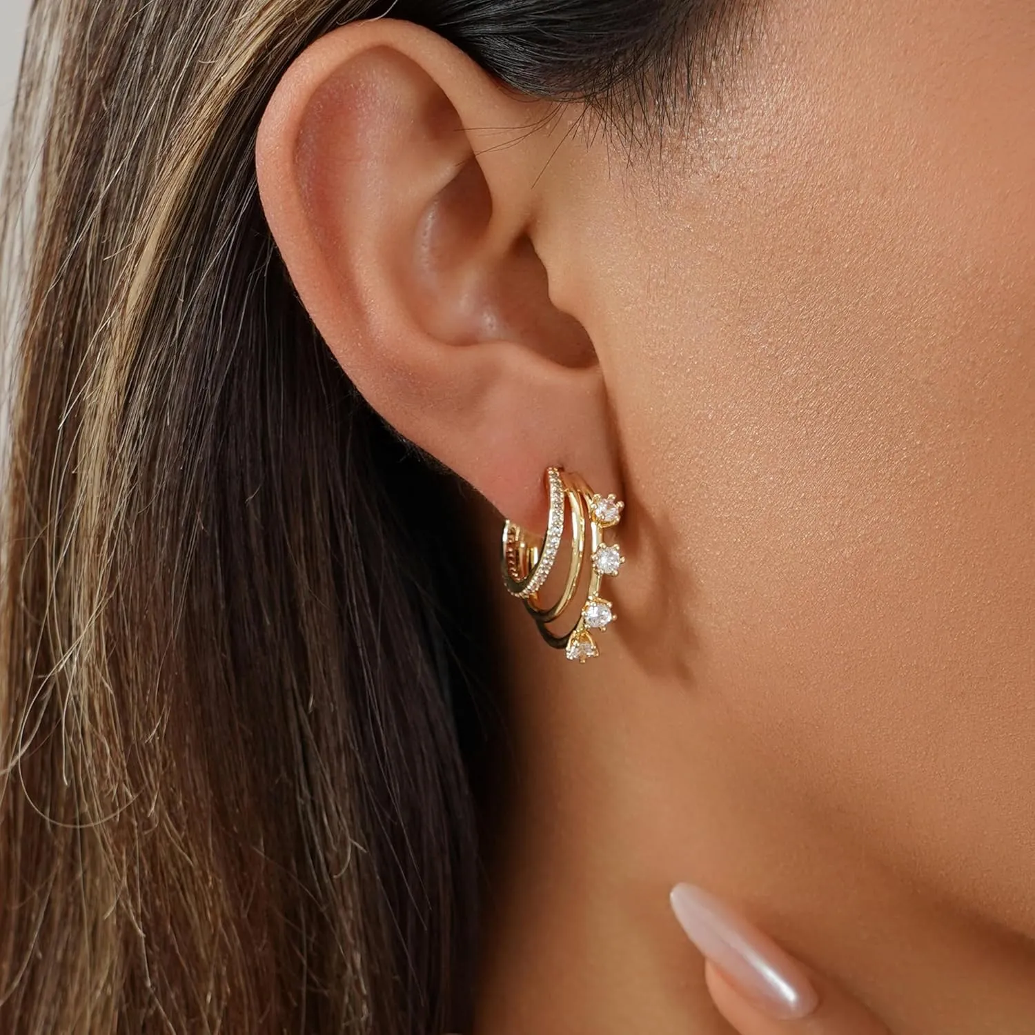 Gold Earrings for Women Trendy Doule Gold Hoops Earing Dainty Cubic Zirconia Triple Studs Lightweight Jewelry Gift