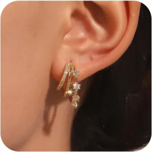 Gold Earrings for Women Trendy Doule Gold Hoops Earing Dainty Cubic Zirconia Triple Studs Lightweight Jewelry Gift
