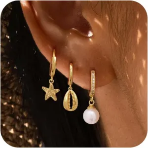 Gold Earrings Set For Women,Summer Starfish Shell Pearl Dangle Earrings Set For Women Trendy Cute Hoop Drop Earring Stack Fashion Beach Jewelry Gifts
