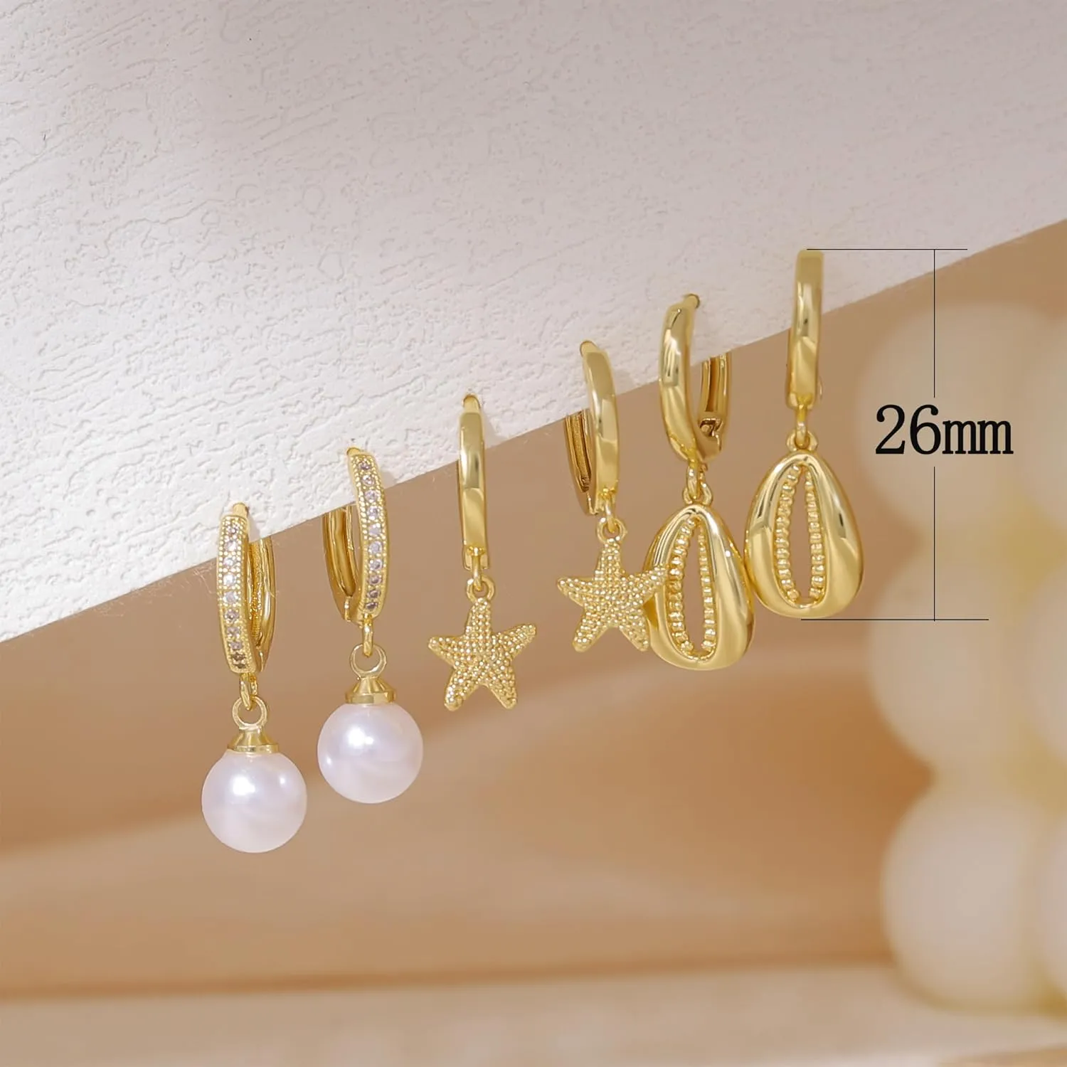 Gold Earrings Set For Women,Summer Starfish Shell Pearl Dangle Earrings Set For Women Trendy Cute Hoop Drop Earring Stack Fashion Beach Jewelry Gifts