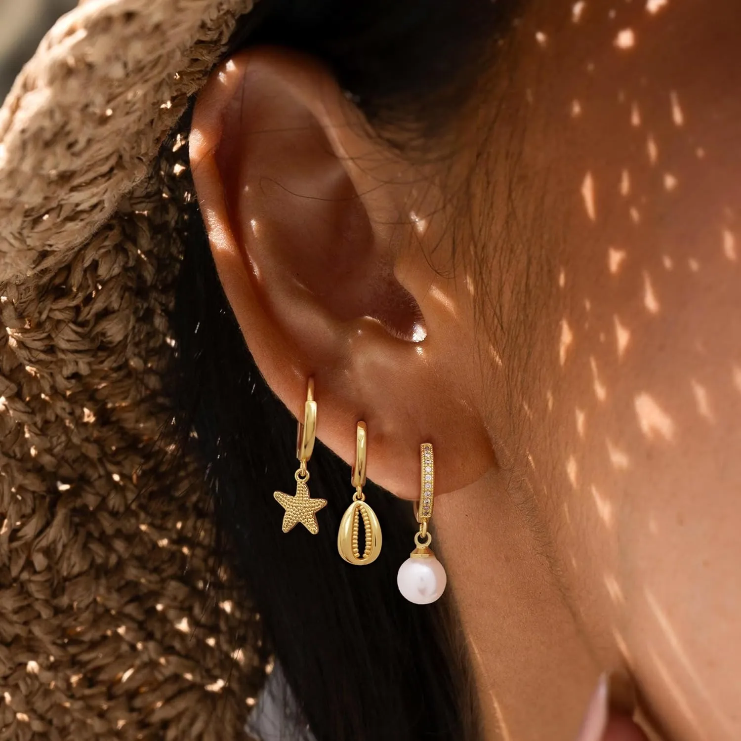 Gold Earrings Set For Women,Summer Starfish Shell Pearl Dangle Earrings Set For Women Trendy Cute Hoop Drop Earring Stack Fashion Beach Jewelry Gifts