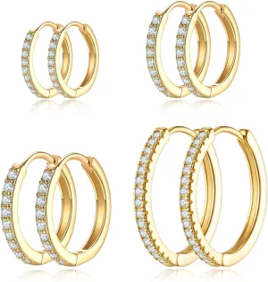 Gold Hoop Earrings For Women Cubic Zirconia Hoop Earrings Set Huggie Hoops Earrings Set for Women Fashion Jewelry (4 Sizes)