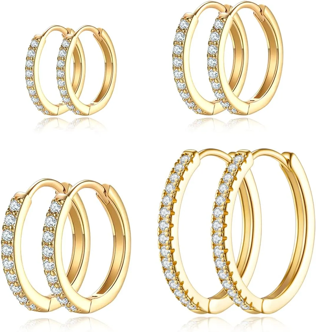 Gold Hoop Earrings For Women Cubic Zirconia Hoop Earrings Set Huggie Hoops Earrings Set for Women Fashion Jewelry (4 Sizes)