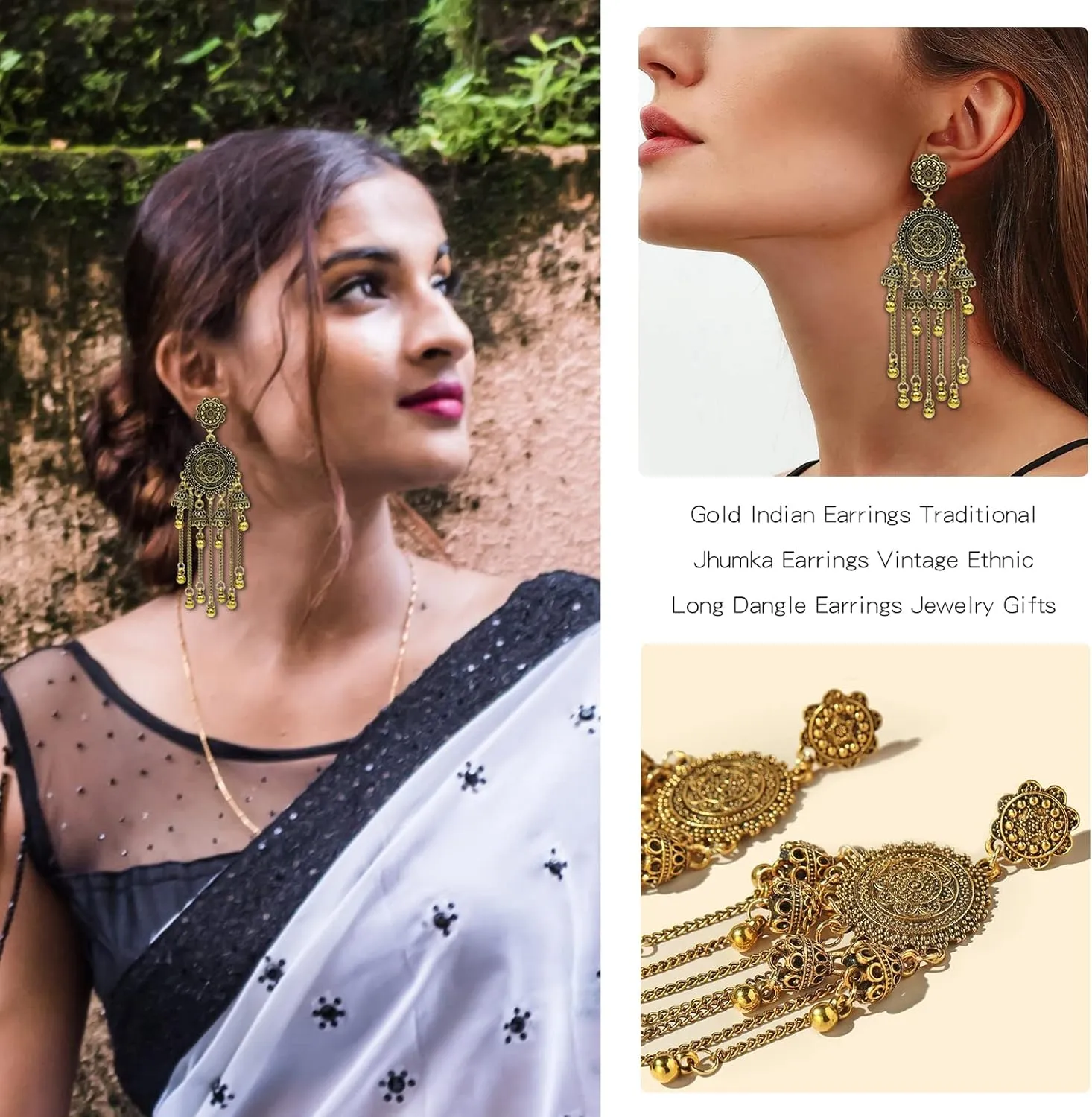 Gold Indian Earrings Traditional Jhumka Earrings Vintage Ethnic Long Dangle Earring Jewelry Gifts for Women