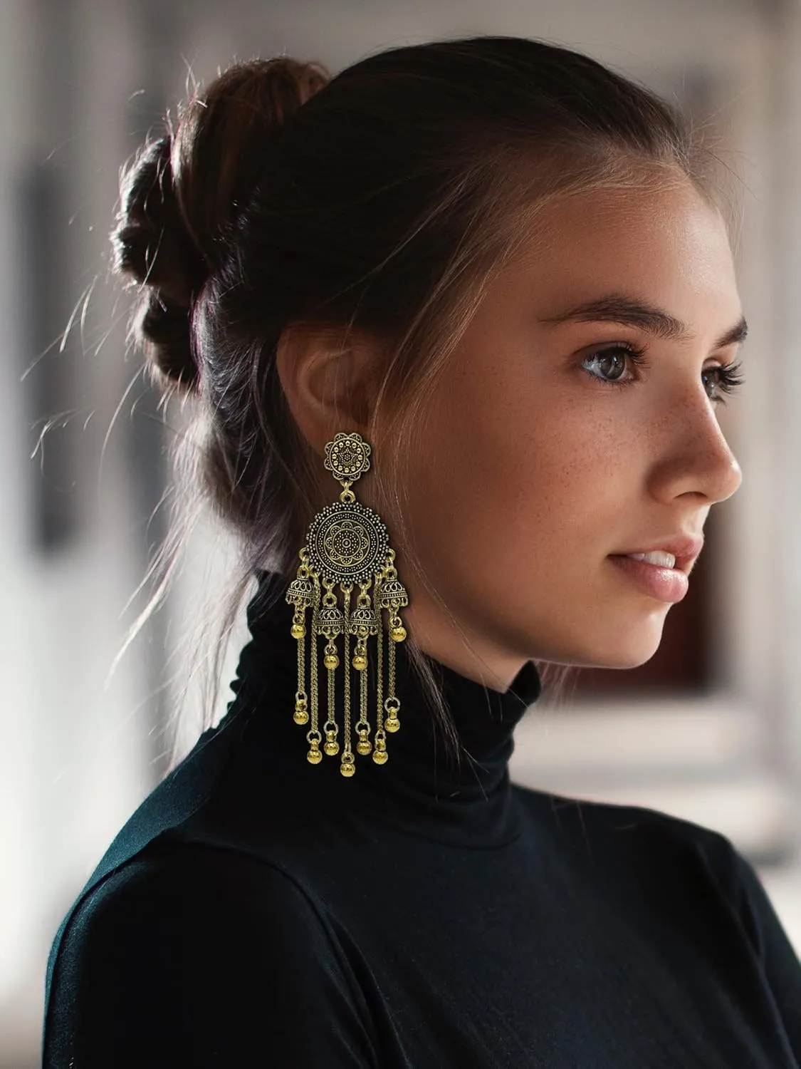 Gold Indian Earrings Traditional Jhumka Earrings Vintage Ethnic Long Dangle Earring Jewelry Gifts for Women