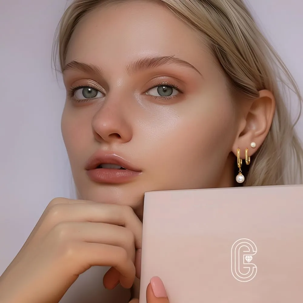 Gold Pearl Earrings Set for Women, Pearl Hoop Dangle Drop Earrings, Dainty 14K Gold Plated Hypoallergenic Earring Stacks, Jewelry Gifts for Women/MomTrendy 2025