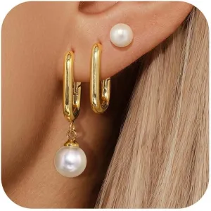 Gold Pearl Earrings Set for Women, Pearl Hoop Dangle Drop Earrings, Dainty 14K Gold Plated Hypoallergenic Earring Stacks, Jewelry Gifts for Women/MomTrendy 2025