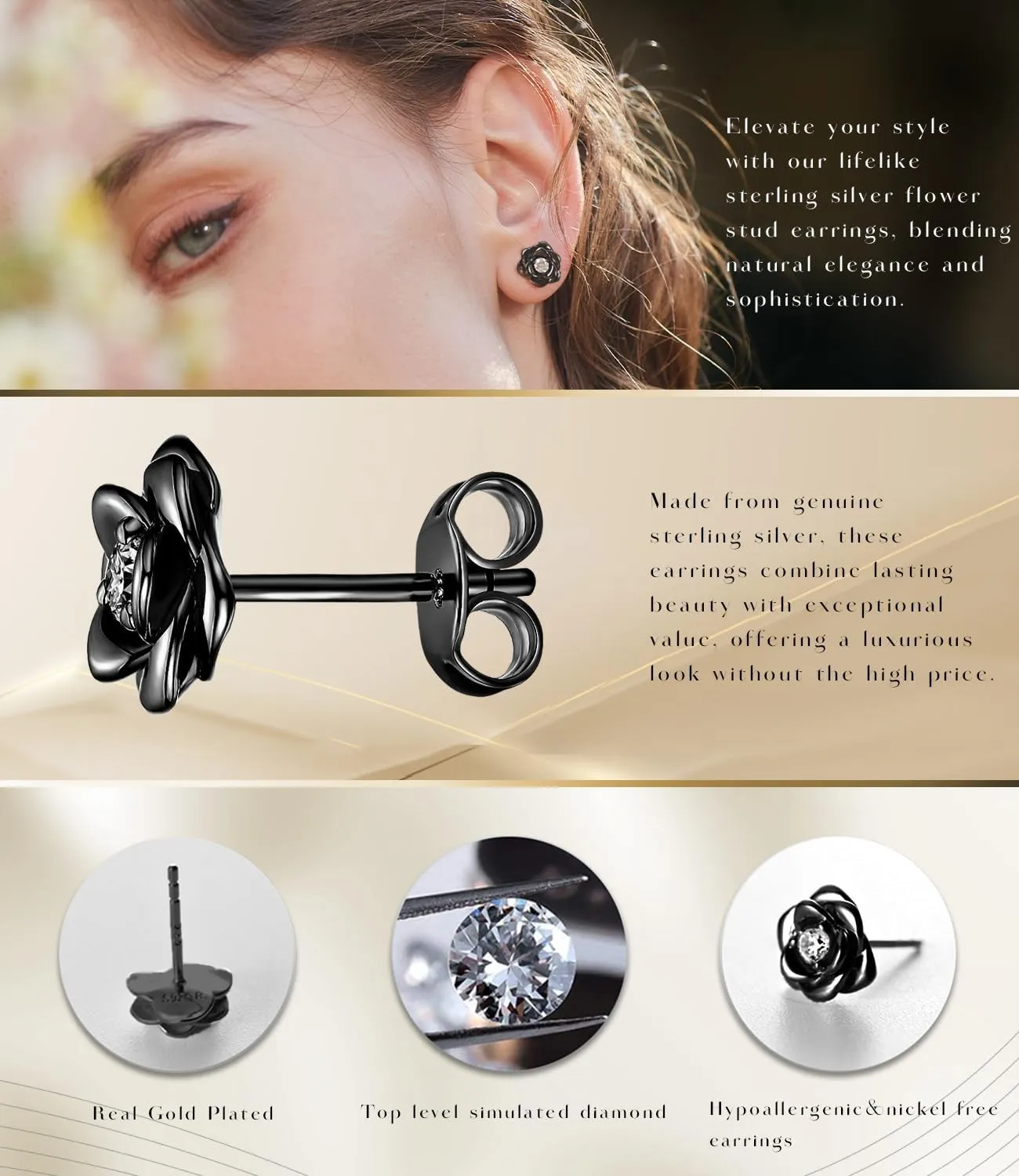 Gold Plated Sterling Silver Rose Flower Earring Studs, Hypoallergenic & Nickel Free Earrings for Women