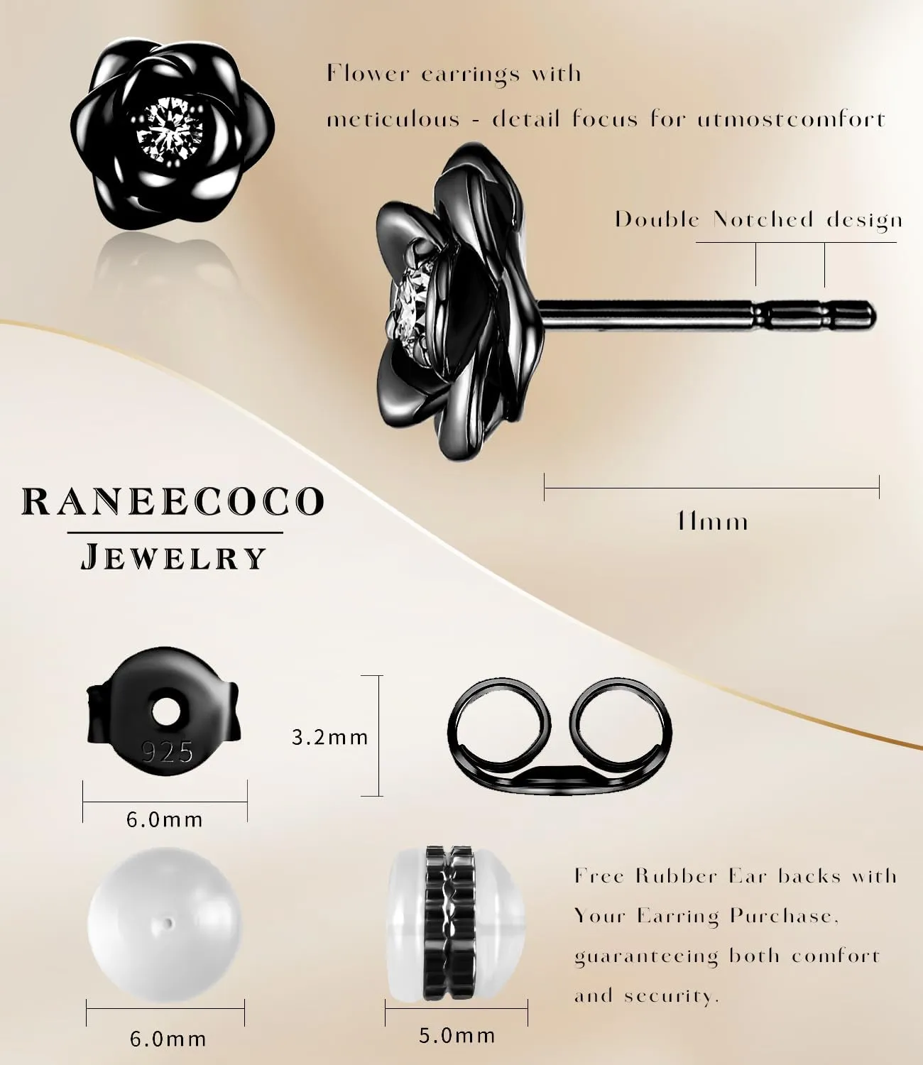 Gold Plated Sterling Silver Rose Flower Earring Studs, Hypoallergenic & Nickel Free Earrings for Women