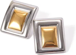Gold Rectangle Earrings for Women, 18k Gold Statement Earrings Chunk Textured Stud Earrings, Square Drop Earring Minimalist Geometric Earrings for Women Trendy Jewelry Gift