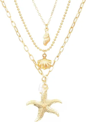 Gold Shell Necklace for Women Layered Sea Shell Necklace Seashell Starfish Necklaces Pearl Shell Pendant Necklace Summer Shell Charm Neckalce for Women Holiday Beach Surfer Jewelry