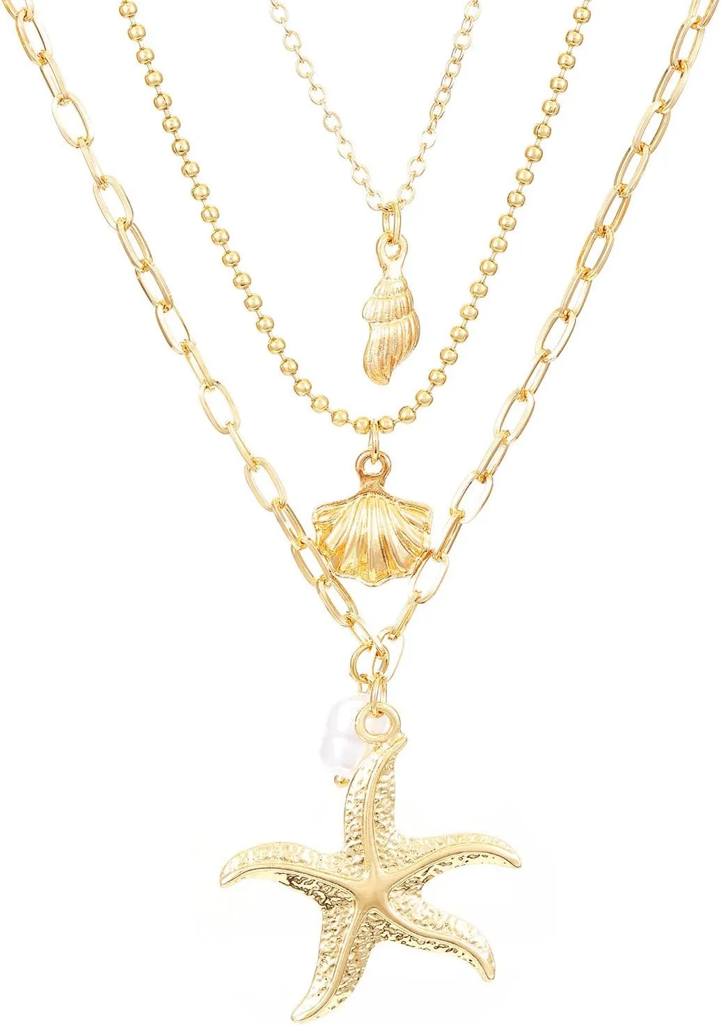 Gold Shell Necklace for Women Layered Sea Shell Necklace Seashell Starfish Necklaces Pearl Shell Pendant Necklace Summer Shell Charm Neckalce for Women Holiday Beach Surfer Jewelry