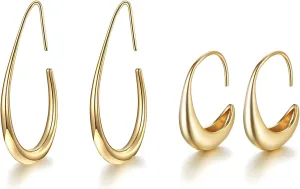 Gold silver Hoop Earrings for Women Lightweight Teardrop 18K Gold Plated Large and Small Oval Pull Through Fluid Hoop Earrings Set, Chunky Gold silver Statement Dangle Drop Earrings