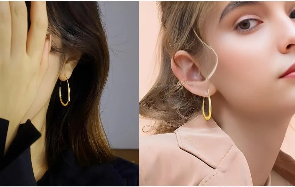 Gold silver Hoop Earrings for Women Lightweight Teardrop 18K Gold Plated Large and Small Oval Pull Through Fluid Hoop Earrings Set, Chunky Gold silver Statement Dangle Drop Earrings