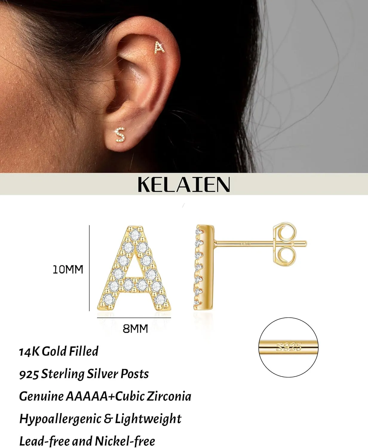 Gold Stud Earrings for Women 925 Sterling Silver Hypoallergenic Initial Letter Earrings 14K Gold Plated Cubic Zirconia Studs Earring Trendy Cute Dainty Diamond Jewelry Gift
