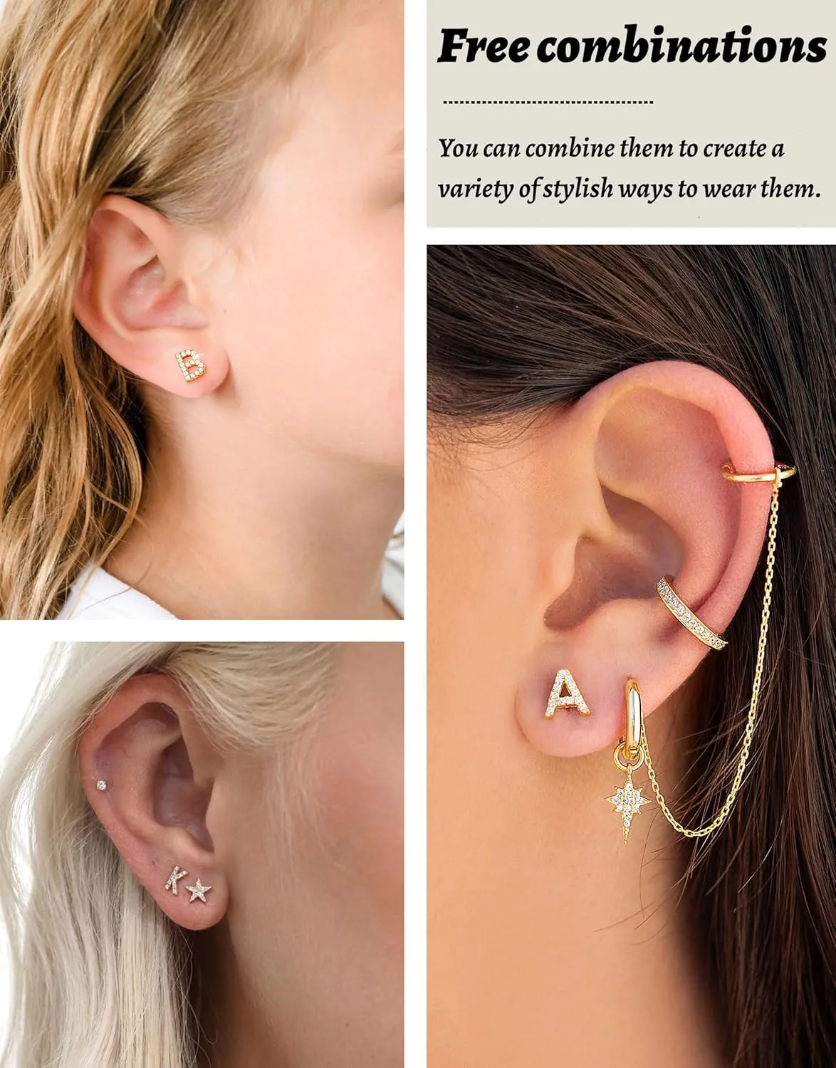 Gold Stud Earrings for Women 925 Sterling Silver Hypoallergenic Initial Letter Earrings 14K Gold Plated Cubic Zirconia Studs Earring Trendy Cute Dainty Diamond Jewelry Gift