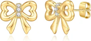 Gold/Silver Bow Earrings for Women Teens - 925 Sterling Silver Post Ribbon Knot Stud Earrings CZ Dainty Small Bow Earring Jewelry Gifts for Her