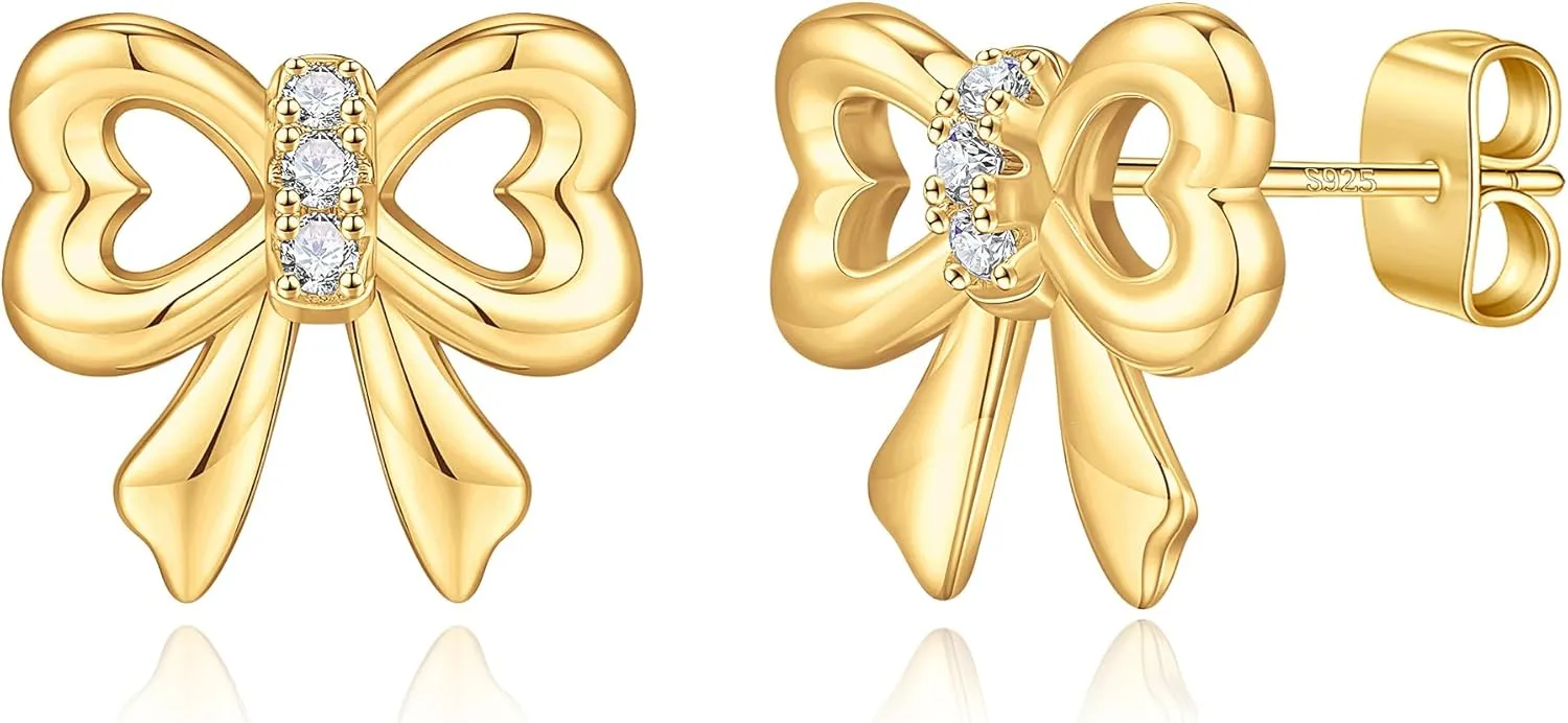 Gold/Silver Bow Earrings for Women Teens - 925 Sterling Silver Post Ribbon Knot Stud Earrings CZ Dainty Small Bow Earring Jewelry Gifts for Her
