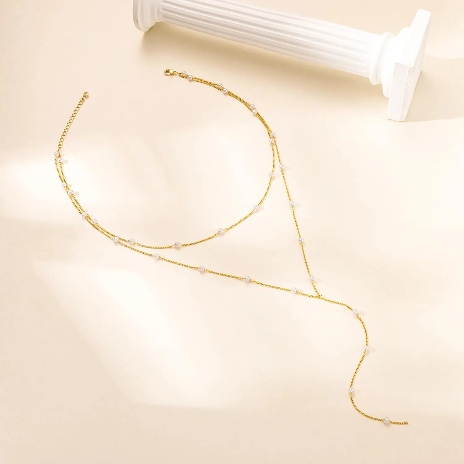 Gold/Silver Plated Necklace for Women, Dainty Layered Long Necklaces for Women Trendy Simple Beaded Chain Y Necklace Waterproof Jewelry Gifts