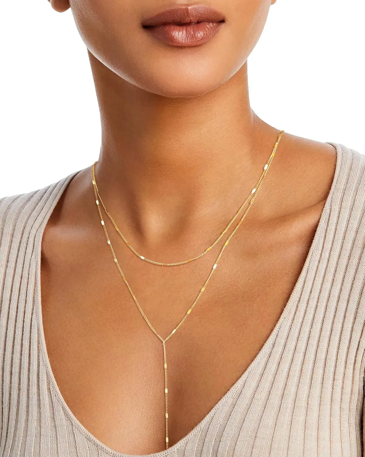Gold/Silver Plated Necklace for Women, Dainty Layered Long Necklaces for Women Trendy Simple Beaded Chain Y Necklace Waterproof Jewelry Gifts