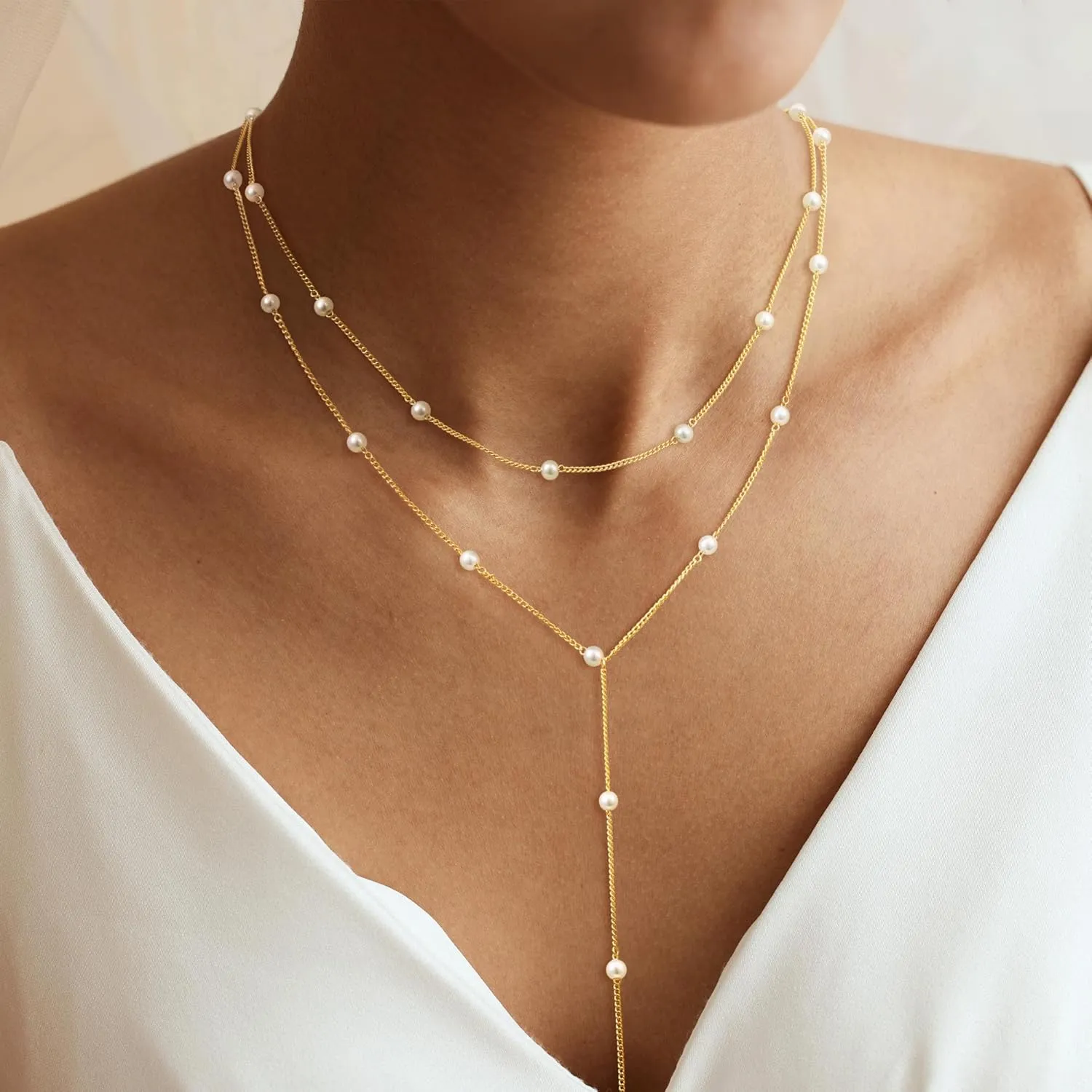 Gold/Silver Plated Necklace for Women, Dainty Layered Long Necklaces for Women Trendy Simple Beaded Chain Y Necklace Waterproof Jewelry Gifts