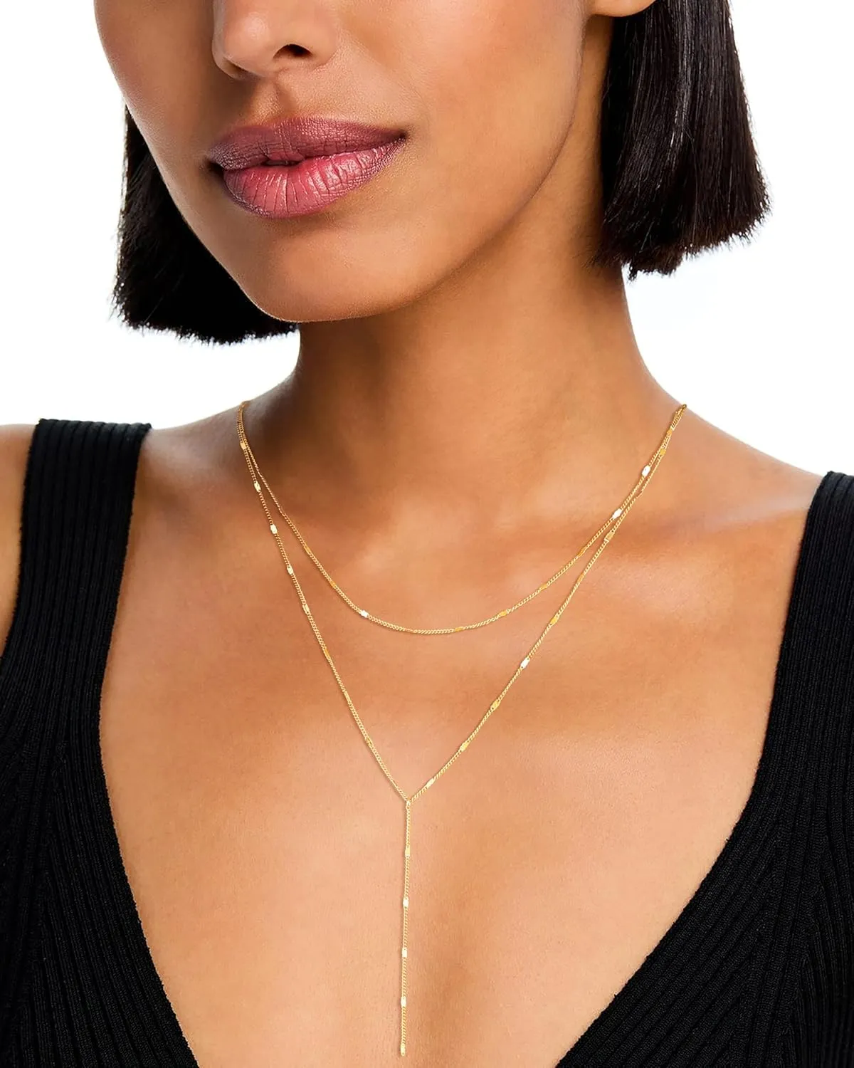 Gold/Silver Plated Necklace for Women, Dainty Layered Long Necklaces for Women Trendy Simple Beaded Chain Y Necklace Waterproof Jewelry Gifts