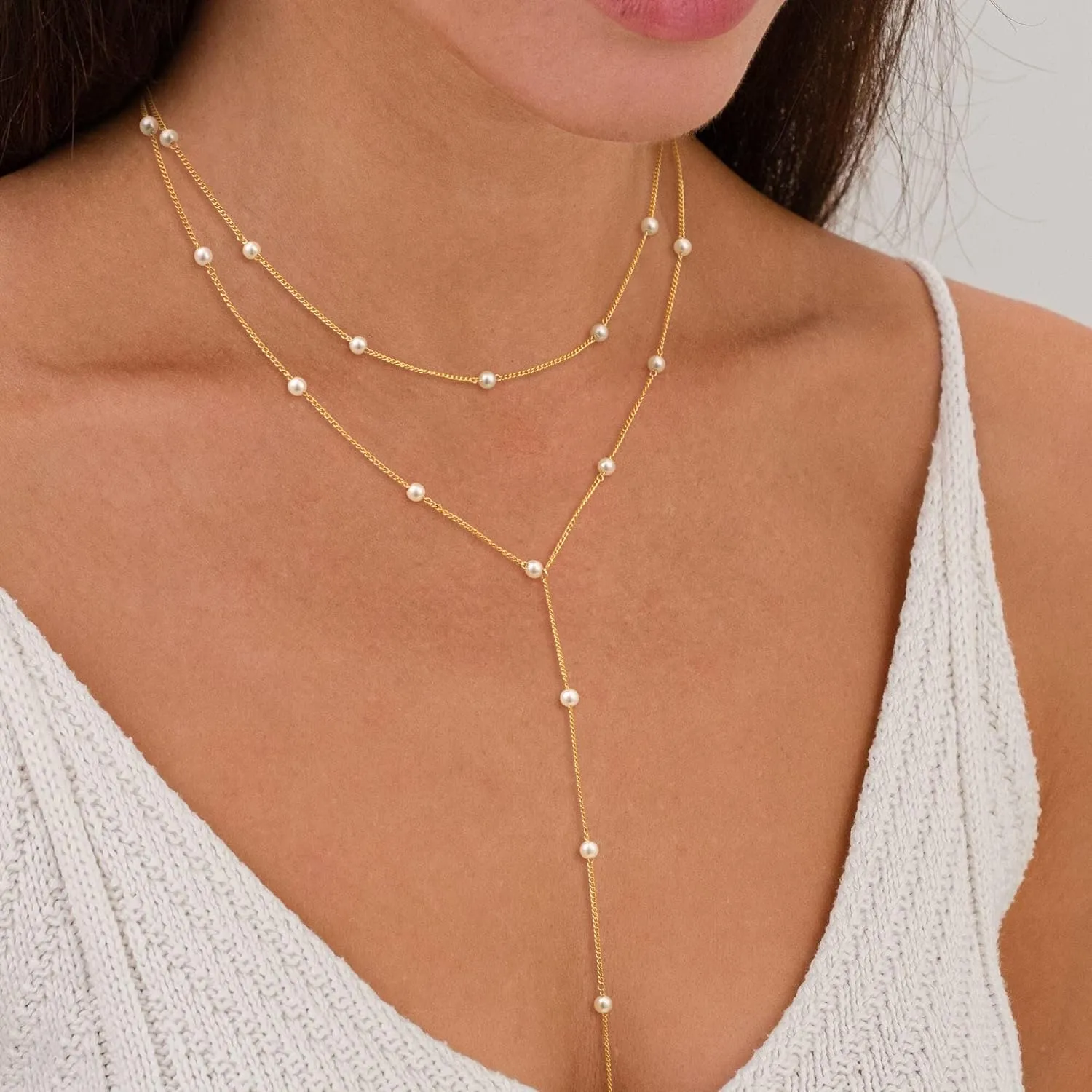 Gold/Silver Plated Necklace for Women, Dainty Layered Long Necklaces for Women Trendy Simple Beaded Chain Y Necklace Waterproof Jewelry Gifts