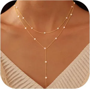 Gold/Silver Plated Necklace for Women, Dainty Layered Long Necklaces for Women Trendy Simple Beaded Chain Y Necklace Waterproof Jewelry Gifts